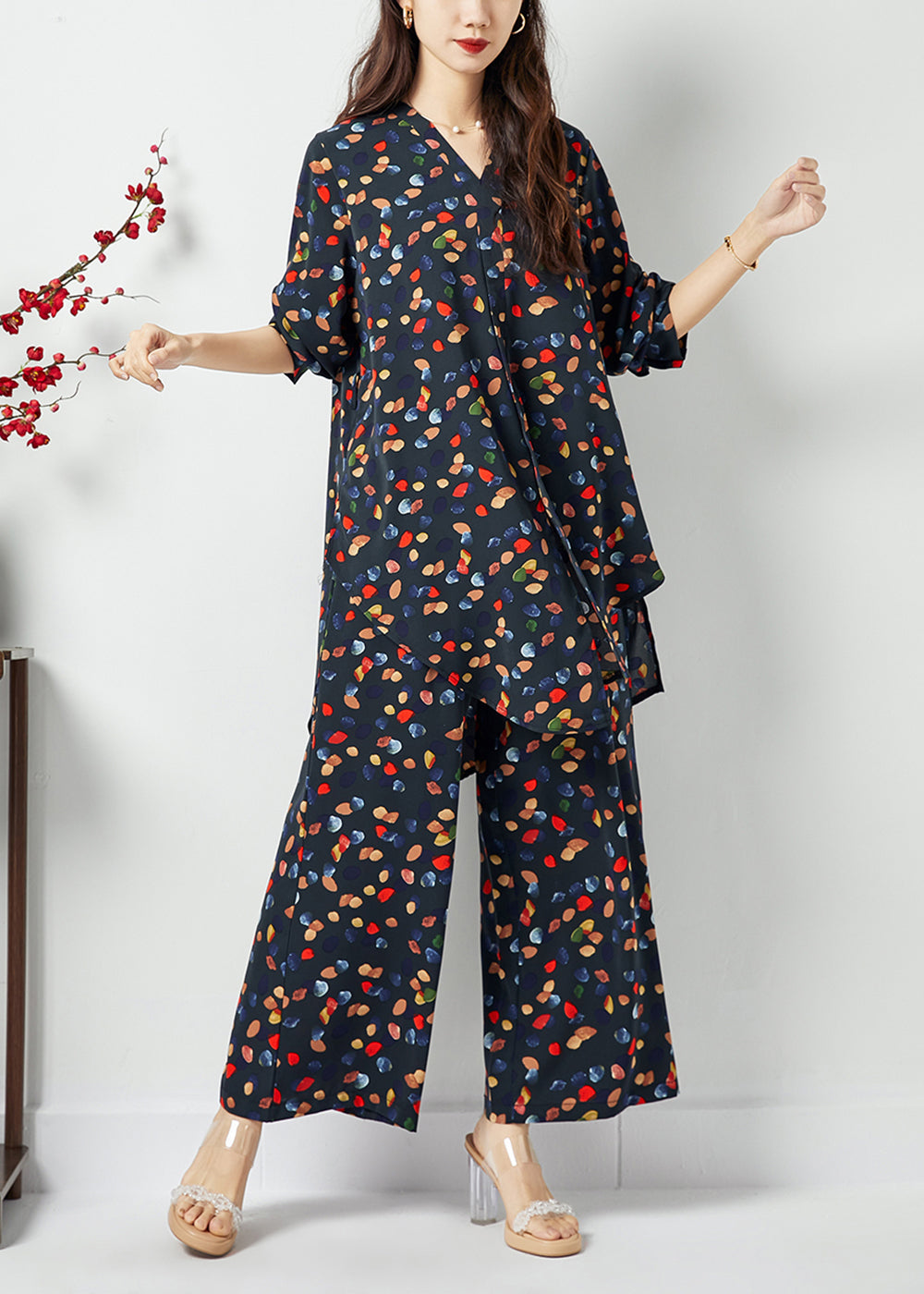 Black V Neck Asymmetrical Design Print Chiffon Two Pieces Set Spring