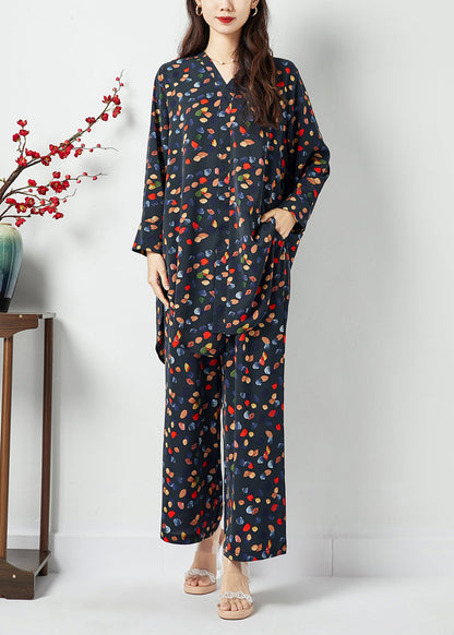 Black V Neck Asymmetrical Design Print Chiffon Two Pieces Set Spring