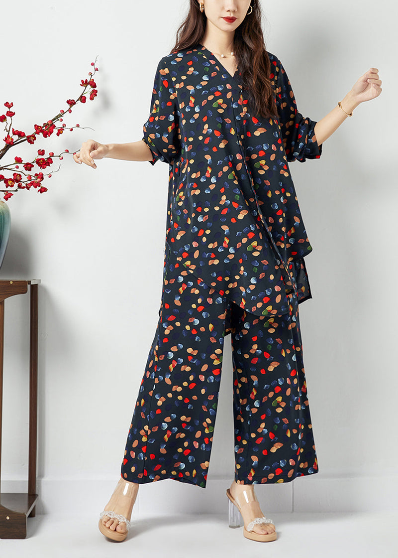 Black V Neck Asymmetrical Design Print Chiffon Two Pieces Set Spring