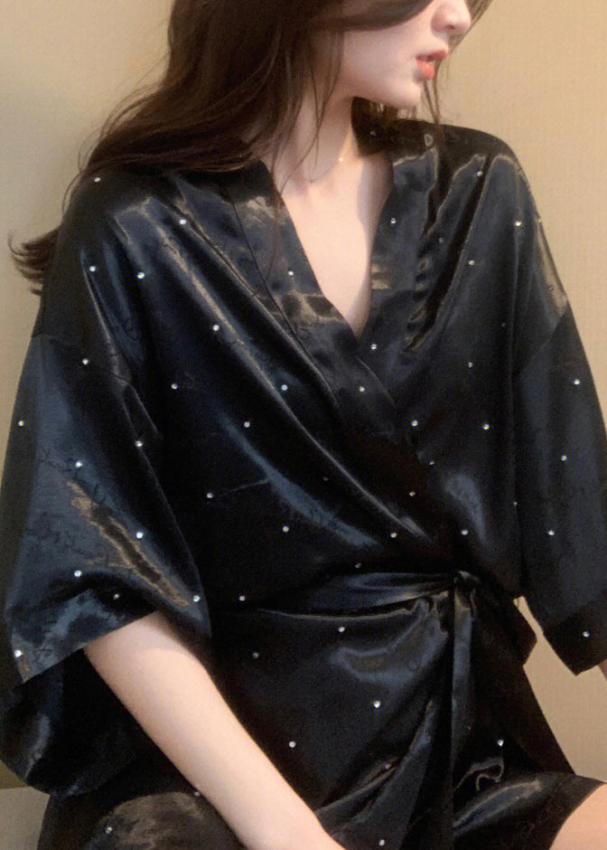 Black V Neck Dot Tie Waist Ice Silk Mid Dress Long Sleeve