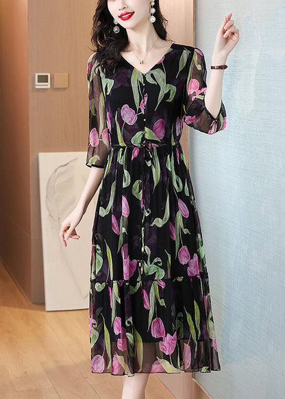 Black V Neck Print Drawstring Chiffon Dress Summer