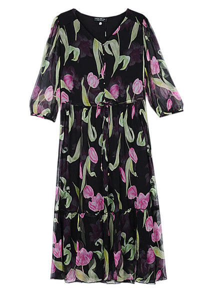 Black V Neck Print Drawstring Chiffon Dress Summer