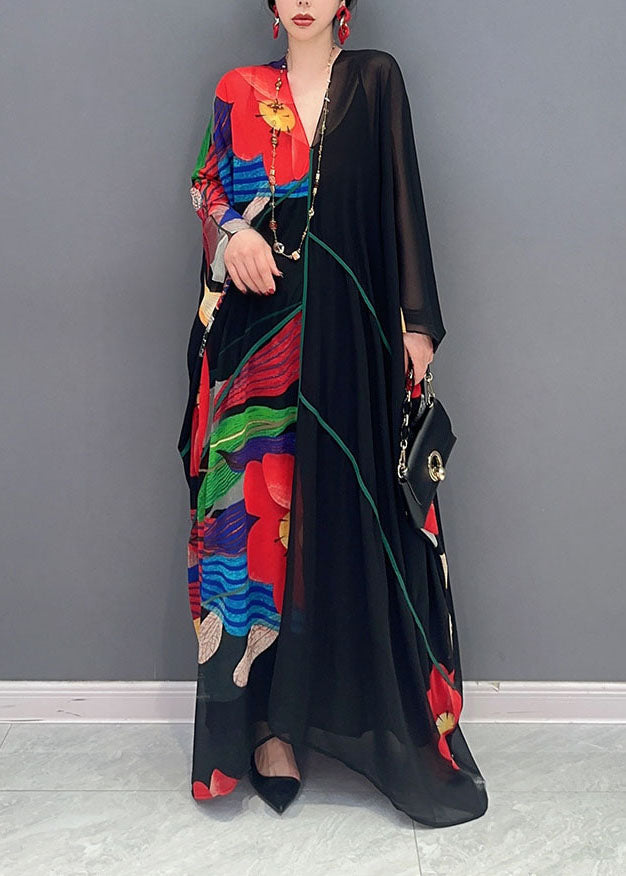 Black V Neck Print Patchwork Chiffon Maxi Dress Summer