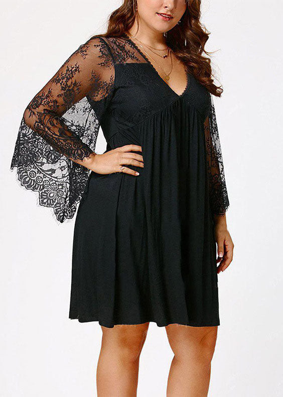 Black V Neck Wrinkled Lace Patchwork Mid Dresses Long Sleeve