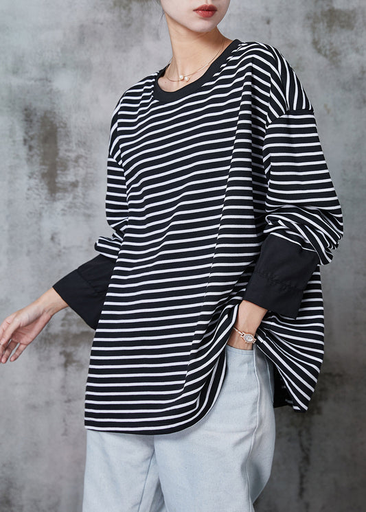 Black Zip Up Striped Cotton Pullover Spring