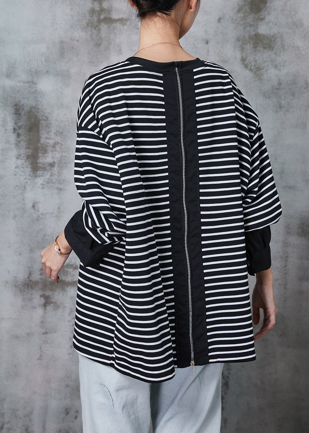 Black Zip Up Striped Cotton Pullover Spring