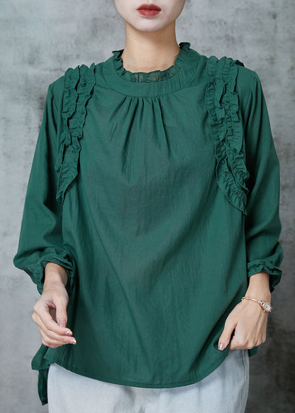 Blackish Green Ruffled Cotton Shirts Spring