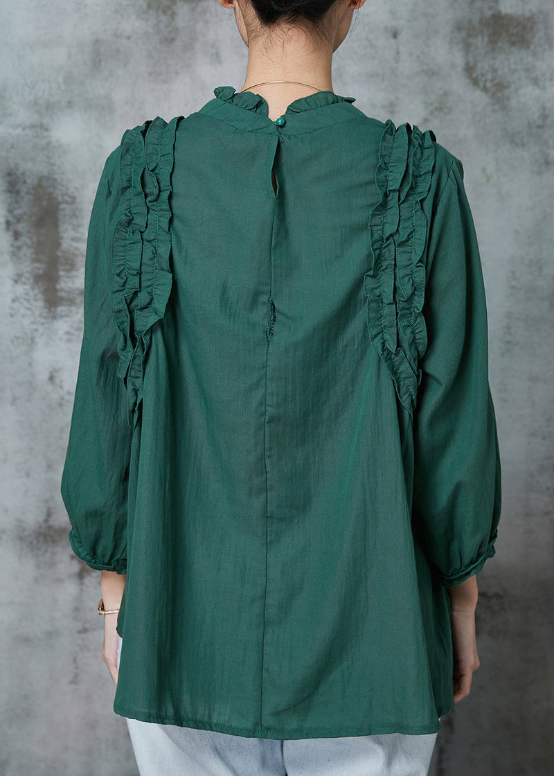 Blackish Green Ruffled Cotton Shirts Spring
