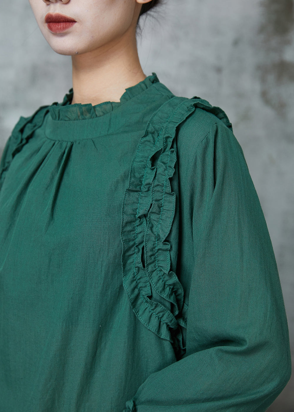 Blackish Green Ruffled Cotton Shirts Spring