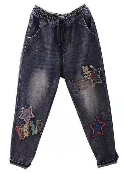 Blue Embroideried Pockets Patchwork High Waist Denim Pants Spring