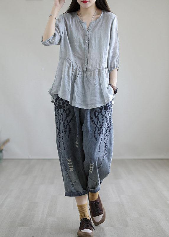 Blue Embroideried Summer Denim Pants