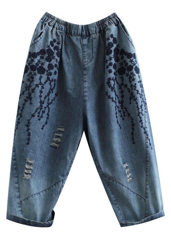 Blue Embroideried Summer Denim Pants