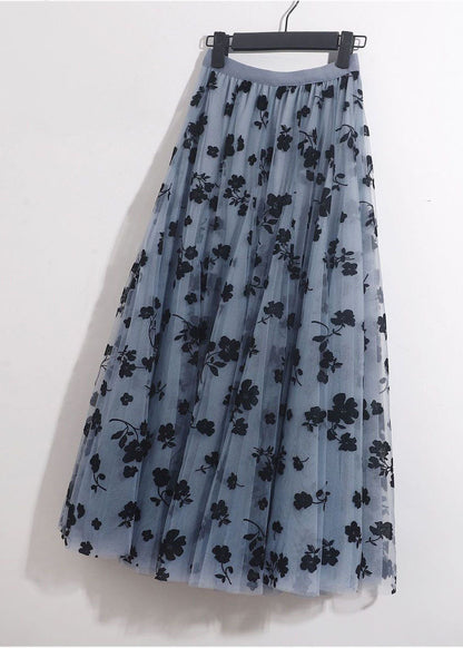 Blue Grey Elastic Waist Print Tulle a Line Skirts Spring