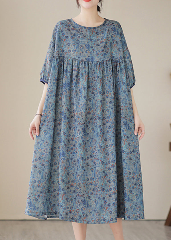 Blue Grey Oversized Print Linen Maxi Dresses Summer