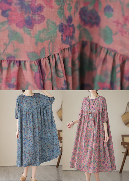 Blue Grey Oversized Print Linen Maxi Dresses Summer