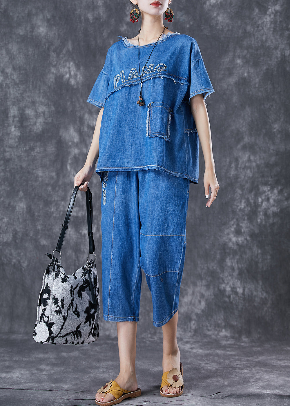 Blue Letter Embroidered Patchwork Denim Two Pieces Set Summer