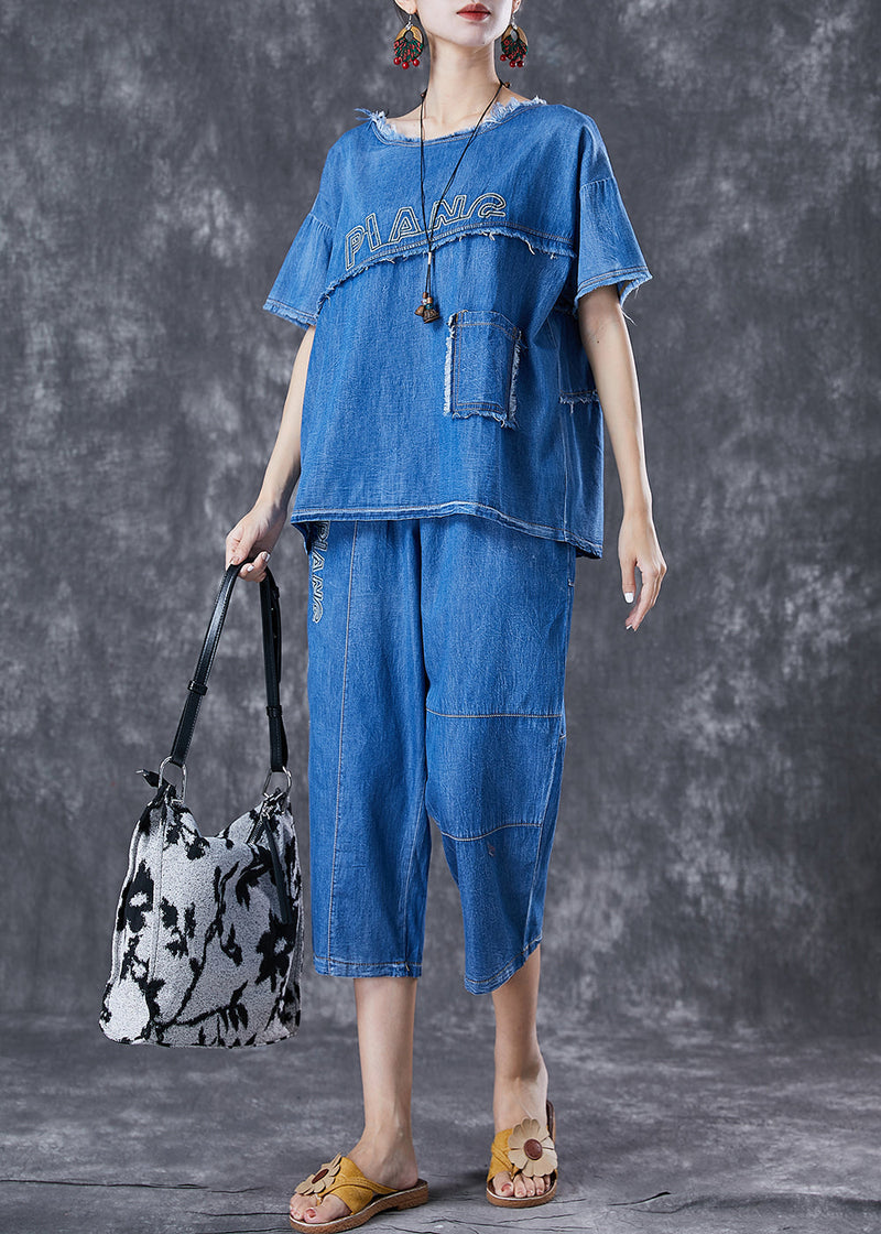 Blue Letter Embroidered Patchwork Denim Two Pieces Set Summer