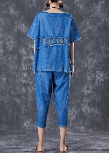 Blue Letter Embroidered Patchwork Denim Two Pieces Set Summer