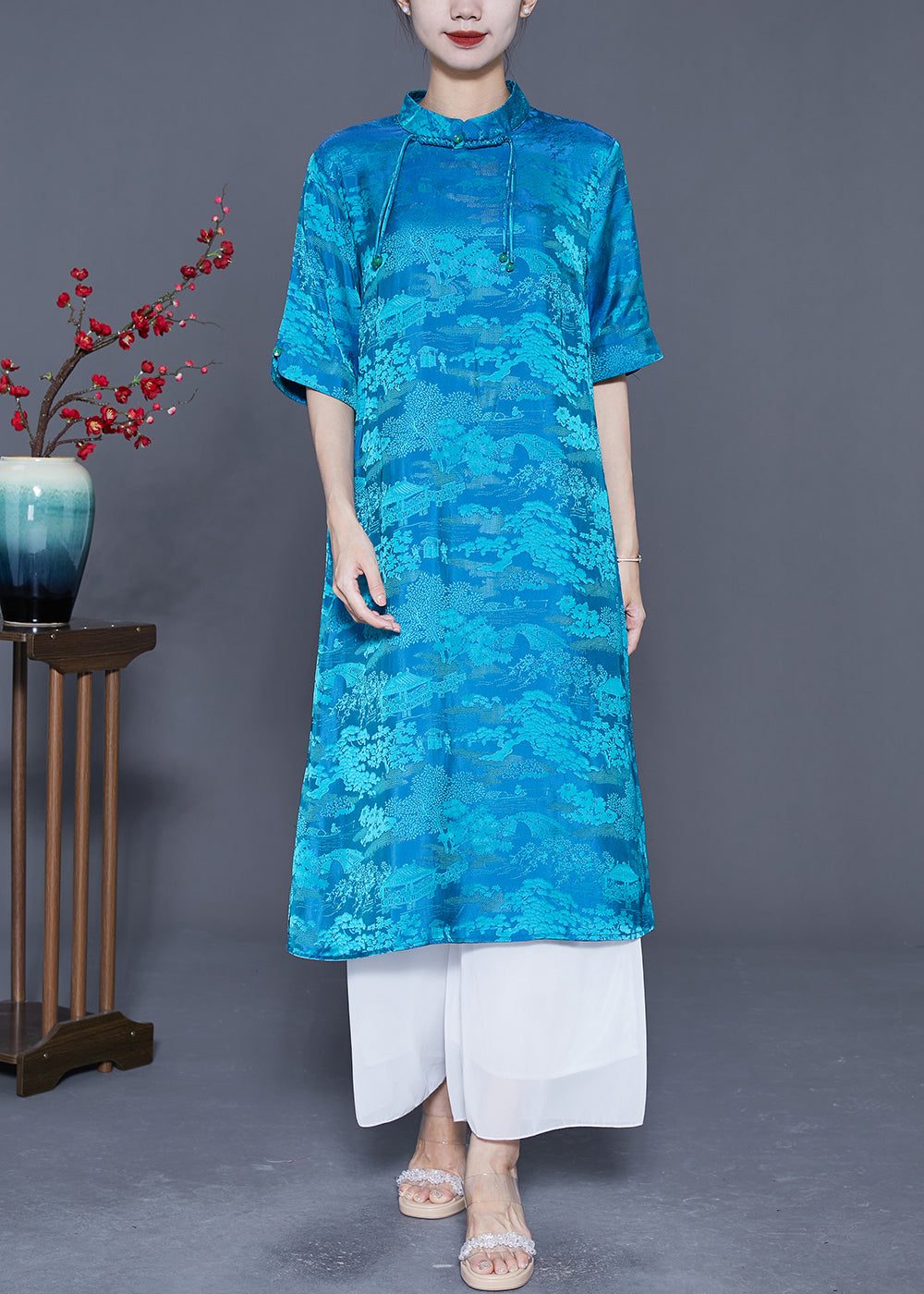 Blue Mandarin Collar Print Tassel Silk Robe Dresses Summer