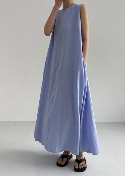 Blue O Neck Pockets Patchwork Cotton Dress Sleeveless