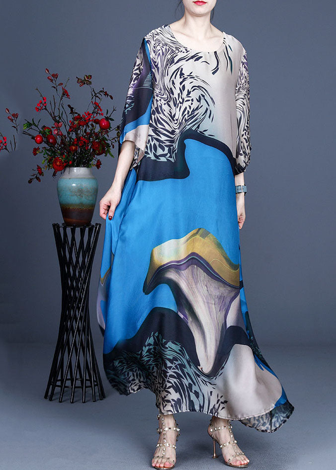 Blue O-neck Print Silk Vacation Dresses Bracelet Sleeve