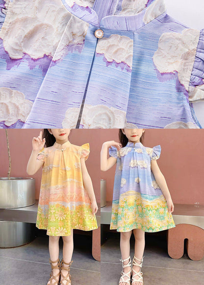 Blue Print Button Mid Dress Short Sleeve