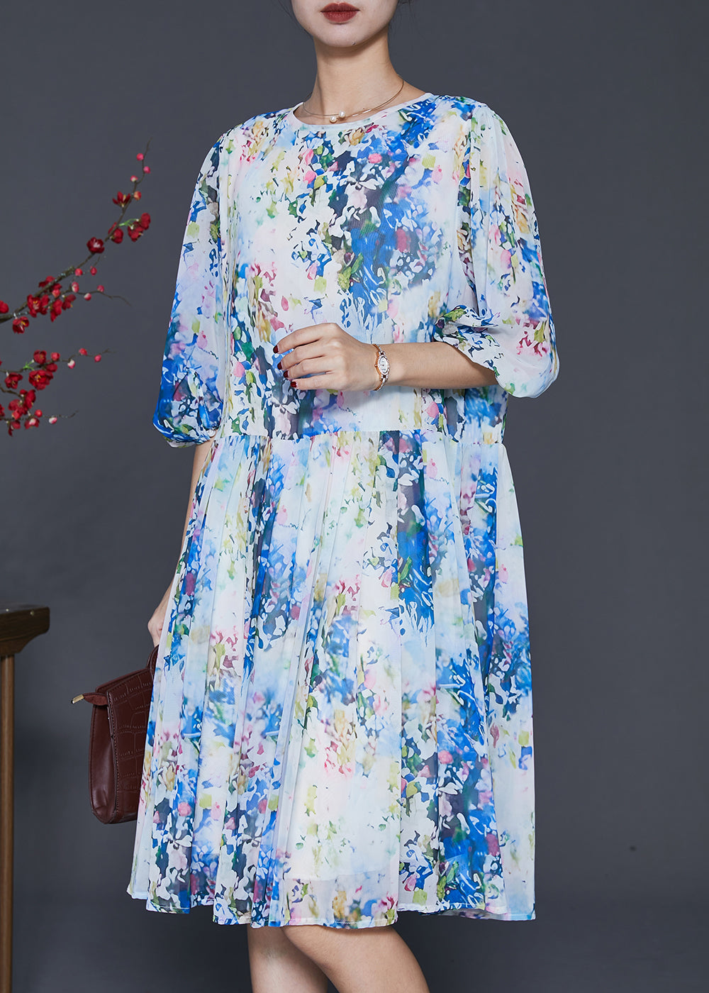 Blue Print Chiffon Mid Dress Lantern Sleeve