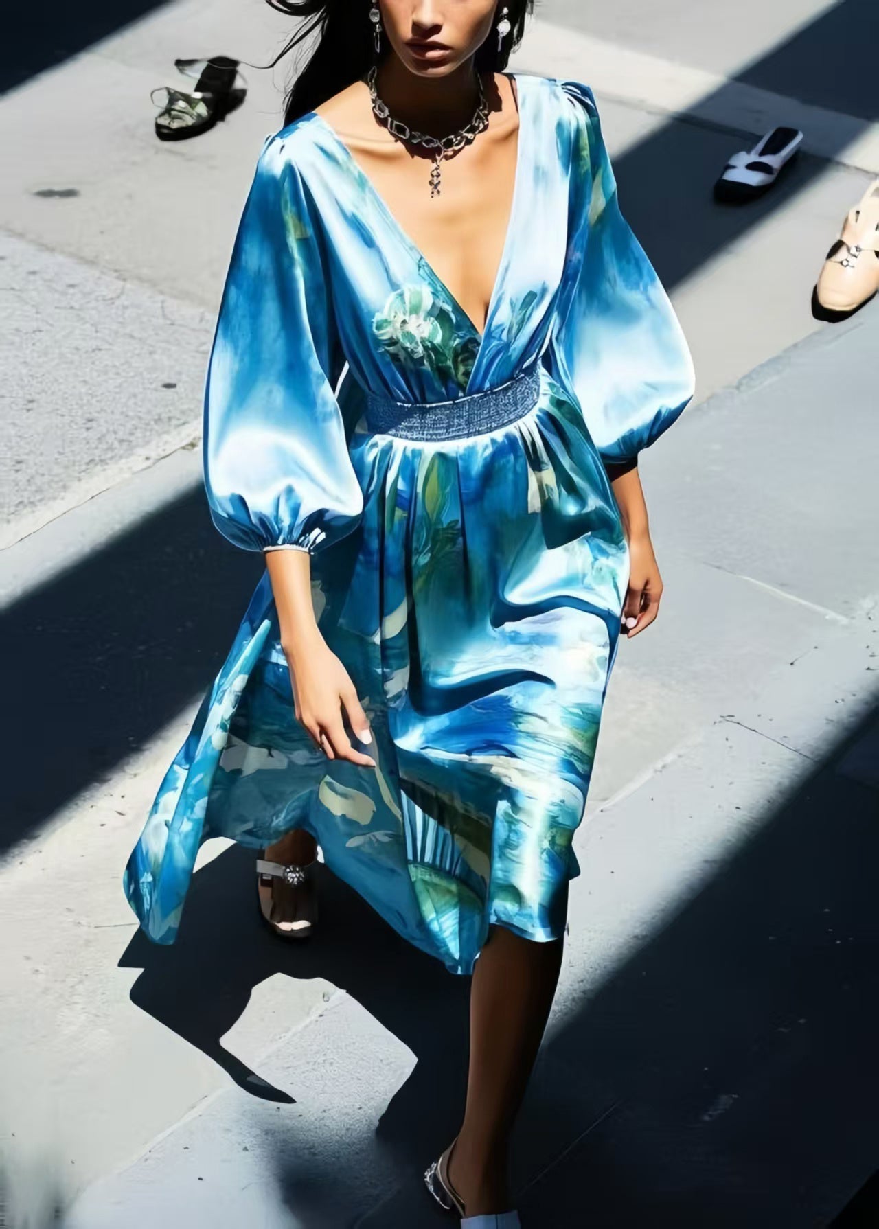 Blue Print Silk Tunic Dress Bracelet Sleeve