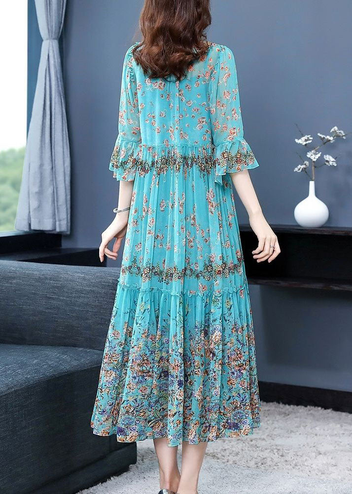 Blue Ruffled Patchwork Print Silk Maxi Dress Flare Sleeve