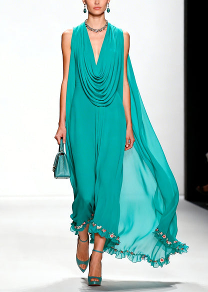 Blue Turtle Neck Ruffled Chiffon Vacation Dresses Summer