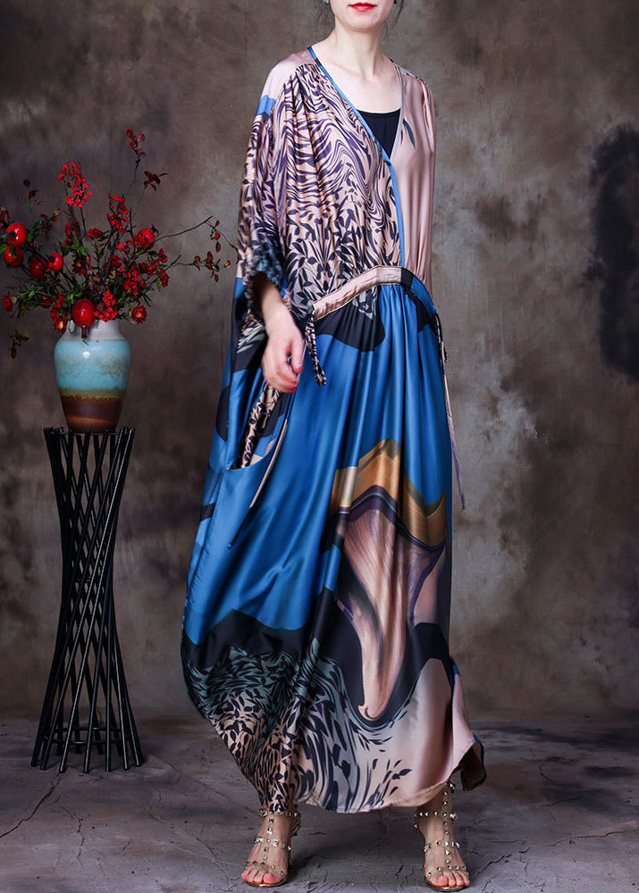 Blue V Neck Patchwork Print Drawstring Pockets Silk Dress Long Sleeve