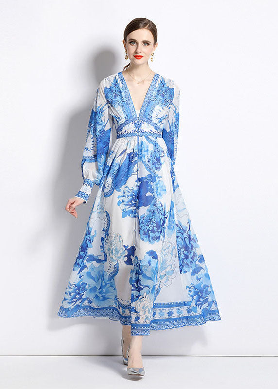 Blue V Neck Print Patchwork Chiffon Vacation Dresses Long Sleeve