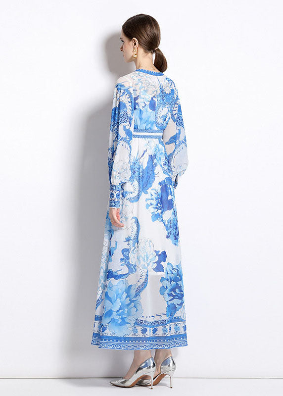 Blue V Neck Print Patchwork Chiffon Vacation Dresses Long Sleeve