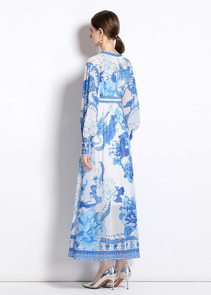 Blue V Neck Print Patchwork Chiffon Vacation Dresses Long Sleeve
