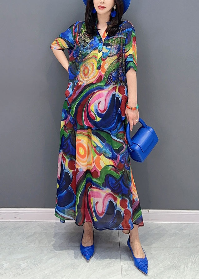 Blue Wrinkled Print Patchwork Chiffon Shirts Dresses Summer