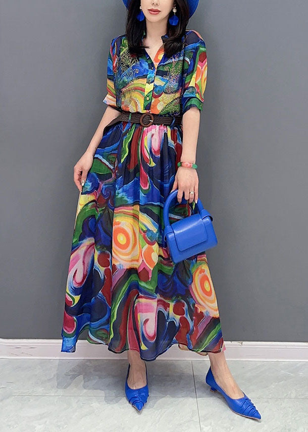 Blue Wrinkled Print Patchwork Chiffon Shirts Dresses Summer