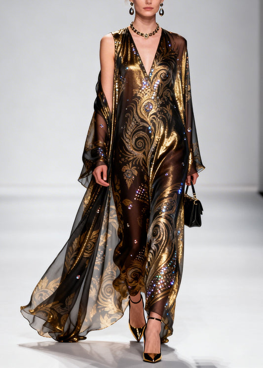 Brown Rhinestone Exra Large Hem Silk Party Dress Summer