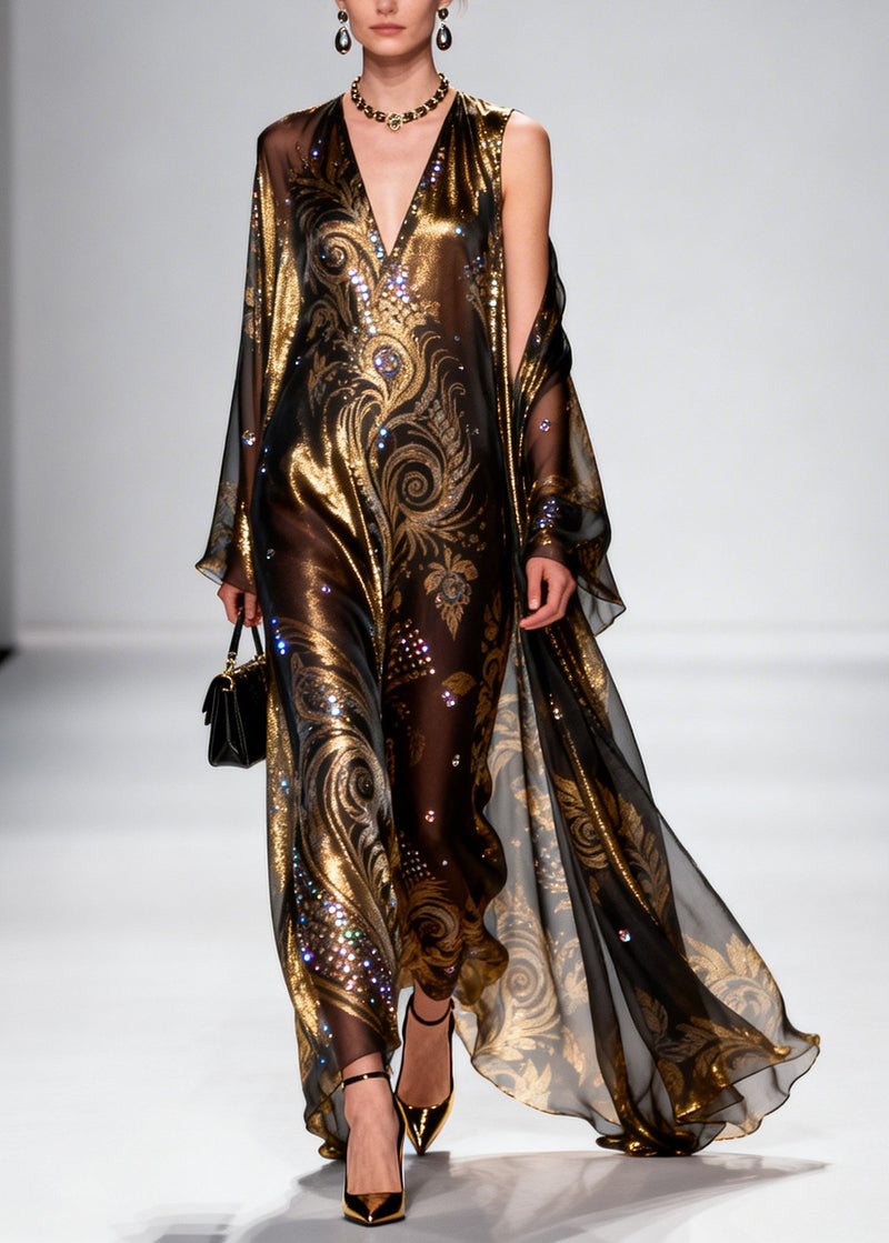 Brown Rhinestone Exra Large Hem Silk Party Dress Summer