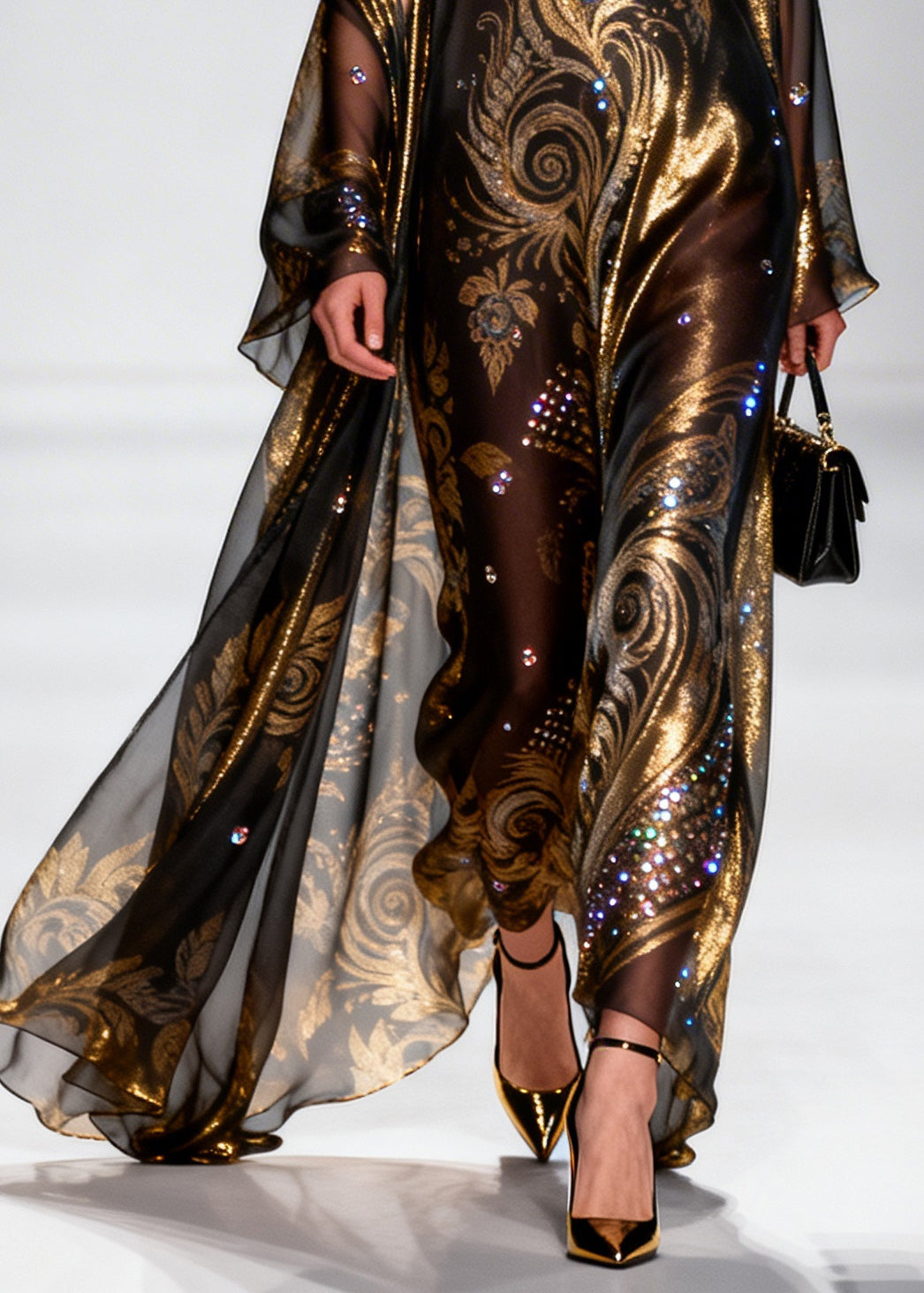 Brown Rhinestone Exra Large Hem Silk Party Dress Summer