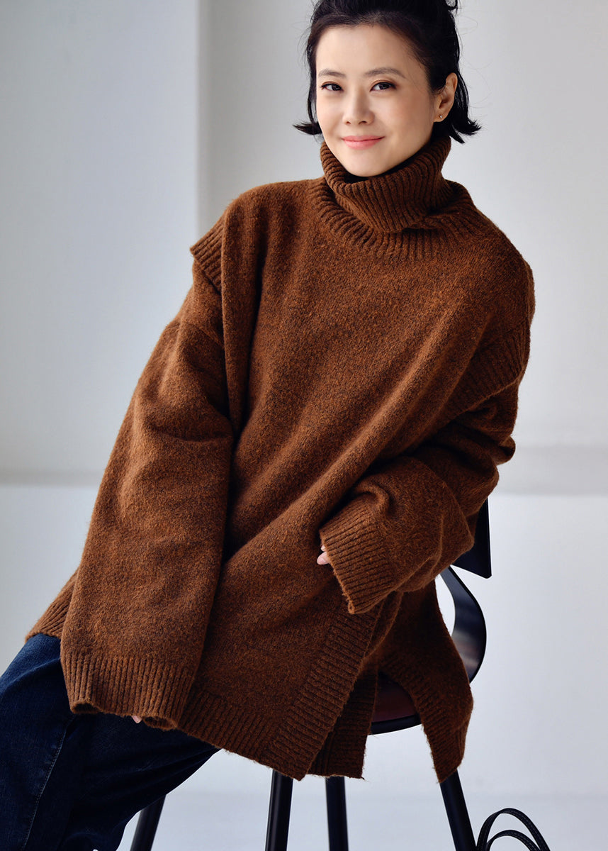 Camel Colour O-neck Side Open Low High Design Thick Cotton Knit Sweater Fall
