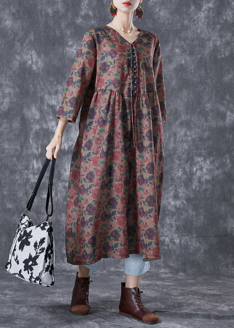 Chocolate Print Button Lace Up Linen Long Dress Bracelet Sleeve
