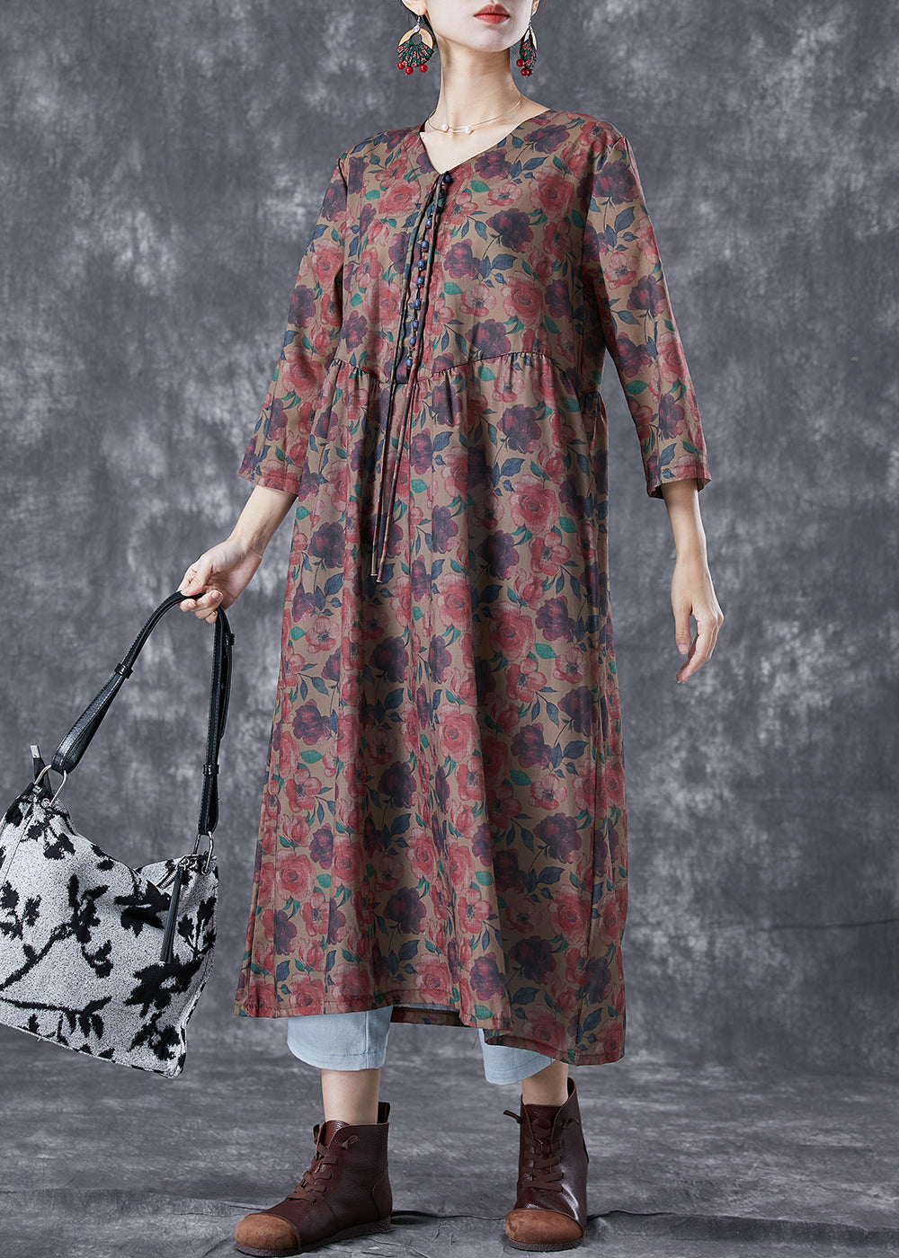 Chocolate Print Button Lace Up Linen Long Dress Bracelet Sleeve