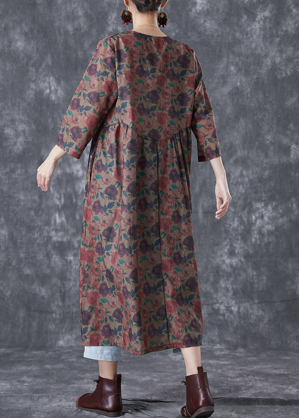 Chocolate Print Button Lace Up Linen Long Dress Bracelet Sleeve