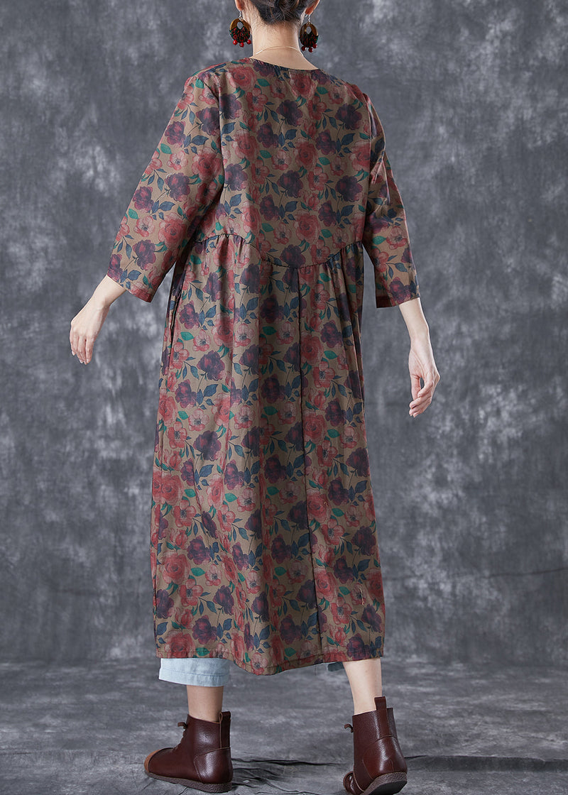 Chocolate Print Button Lace Up Linen Long Dress Bracelet Sleeve