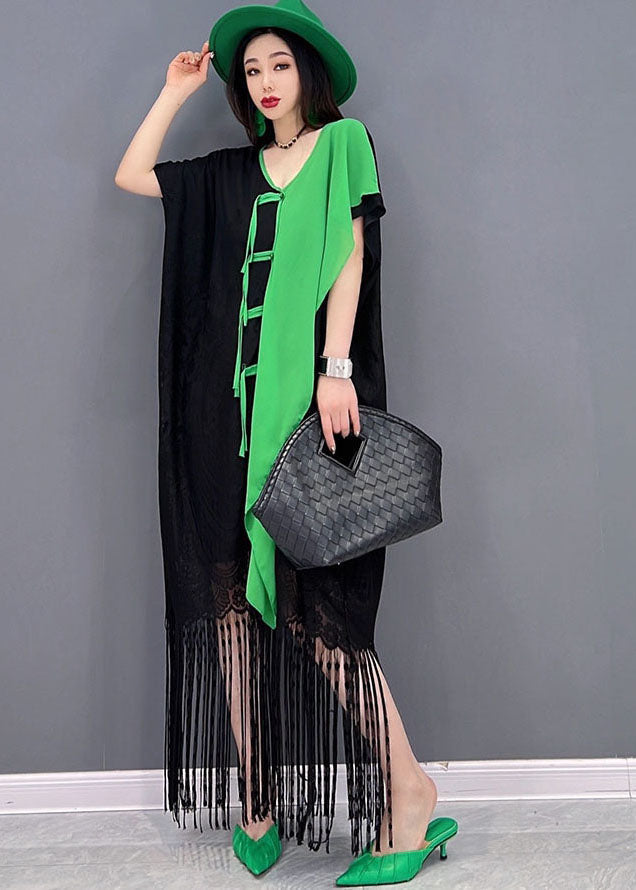 Colorblock Asymmetrical Patchwork Tassel Lace Vacation Dress Short Sleeve
