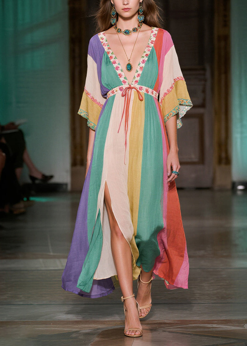 Colorblock Deep-v Neck Side Open Cotton Long Dress Summer