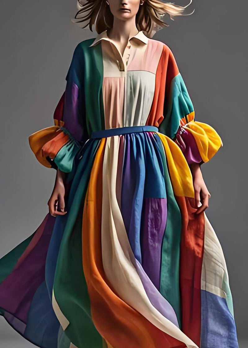 Colorblock Peter Pan Collar Patchwork Cotton Dress Lantern Sleeve