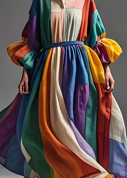 Colorblock Peter Pan Collar Patchwork Cotton Dress Lantern Sleeve