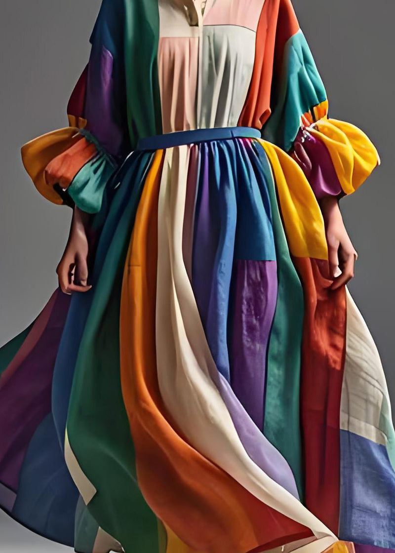 Colorblock Peter Pan Collar Patchwork Cotton Dress Lantern Sleeve