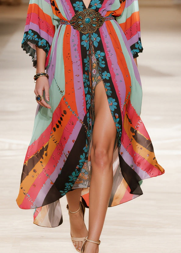 Colorblock Print Side Open Chiffon Party Dress Summer